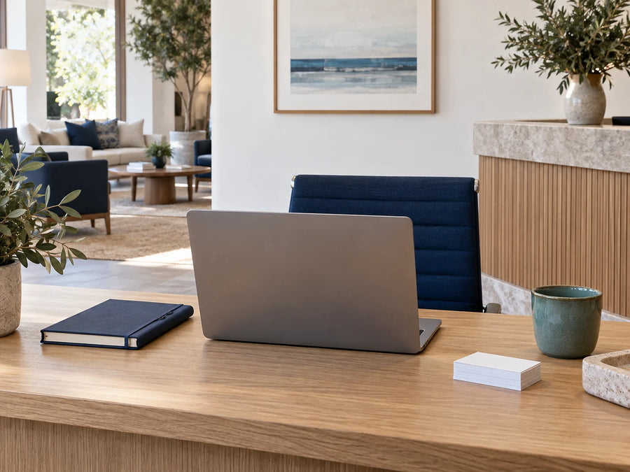 Laptop viewed from behind on a hotel reception desk with plain guest cards and a navy notebook.