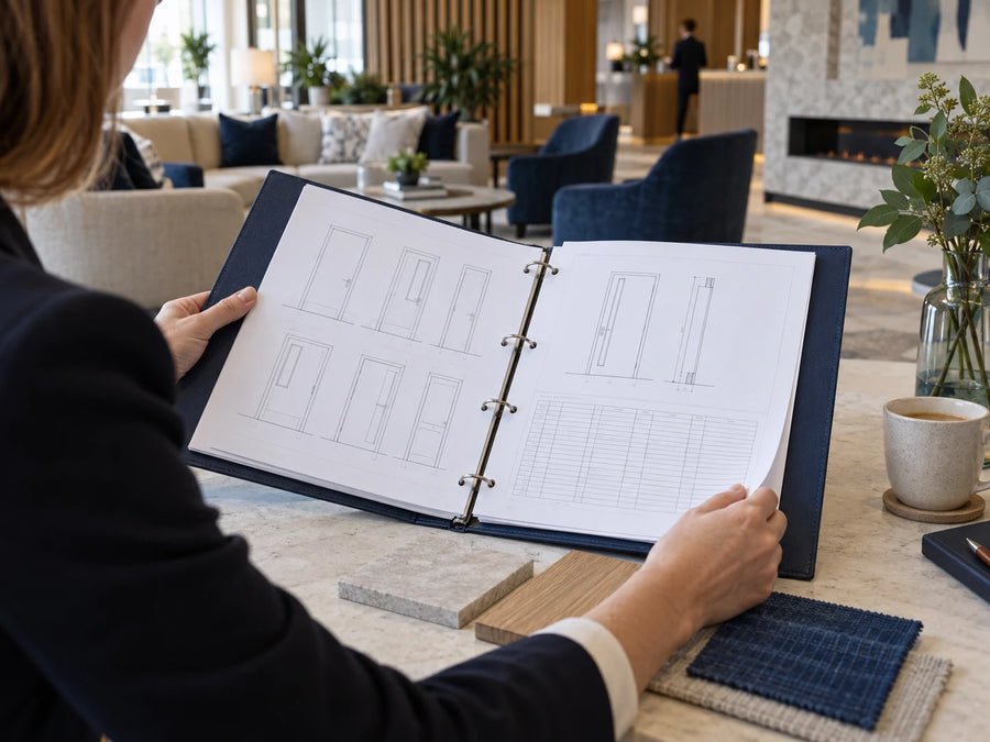 Technical binder with generic door drawings and a schedule on a hotel meeting table.