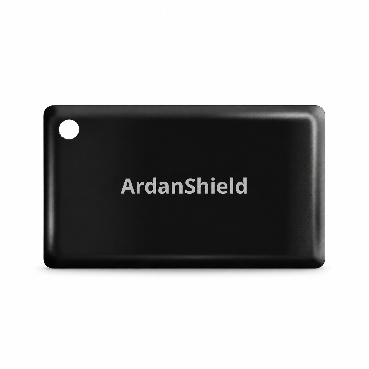 Black ArdanShield RFID key card with attachment hole on a white background