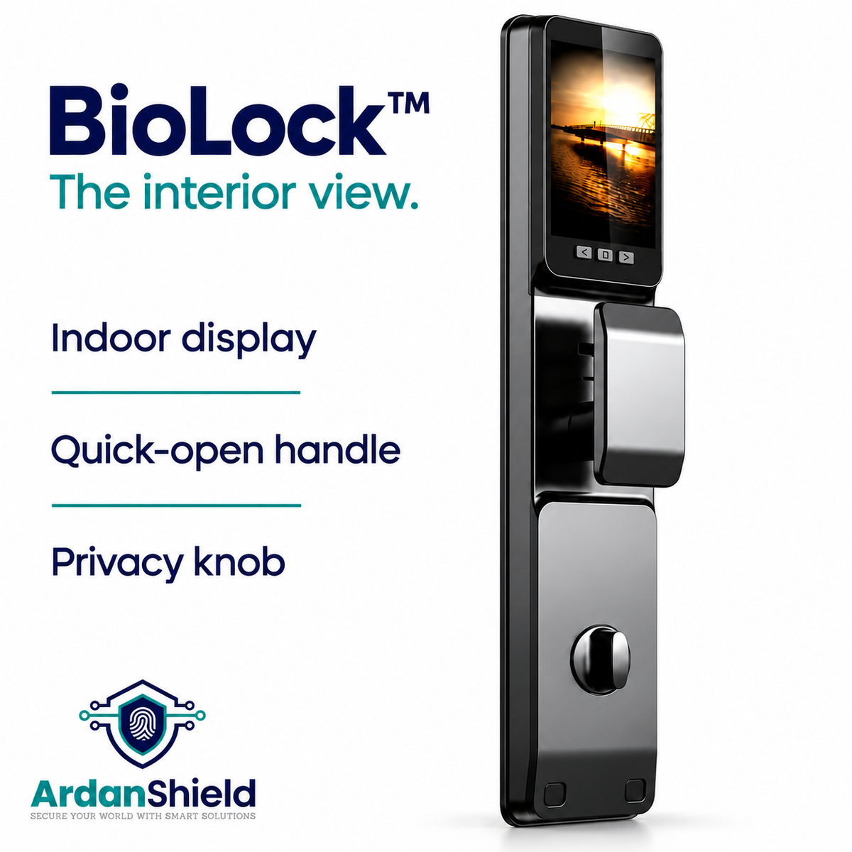 BioLock interior display, quick-open handle and privacy knob in grey finish.