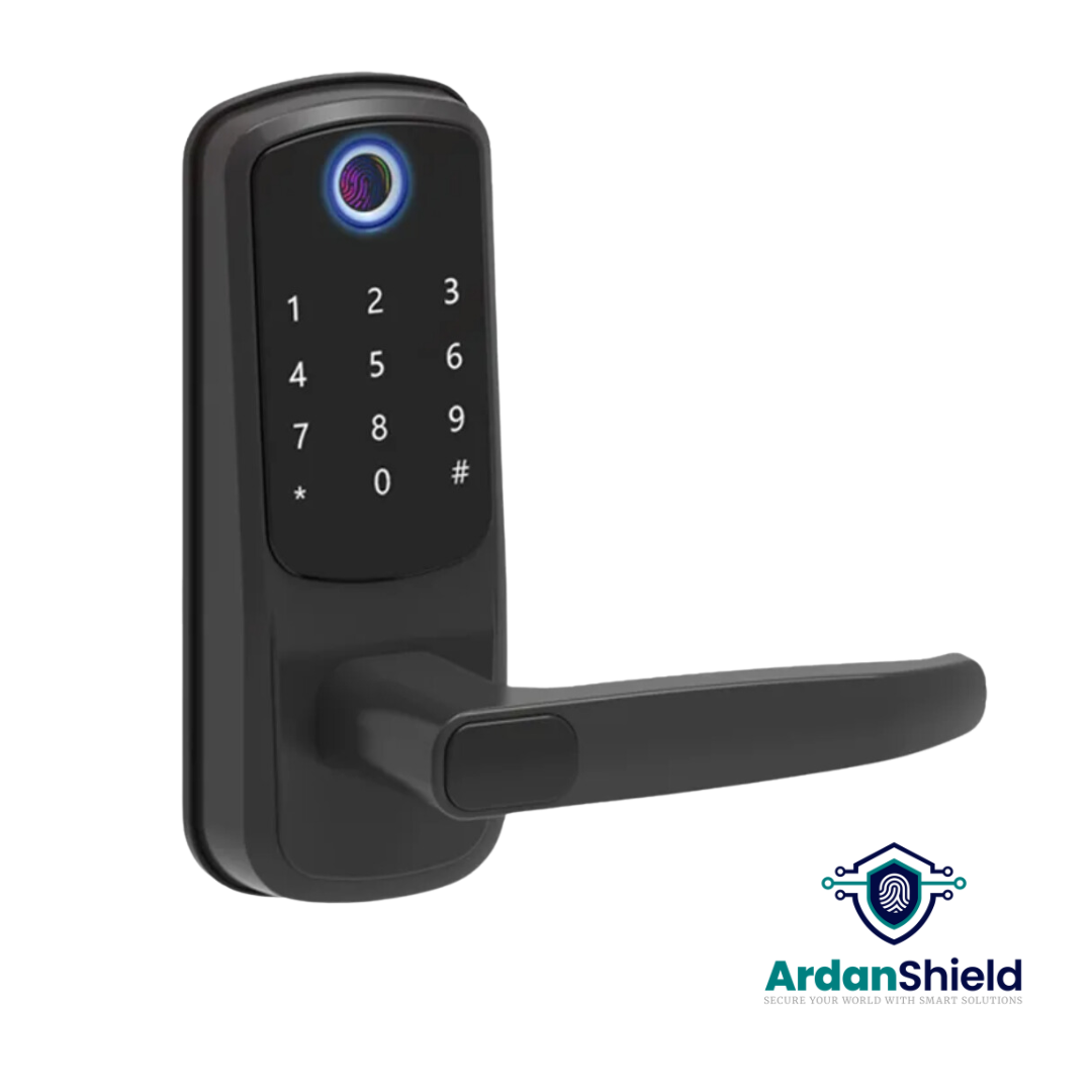 Angled view of FortiLock Biometric Smart Lock in Black – features digital keypad entry and fingerprint access with ArdanShield branding