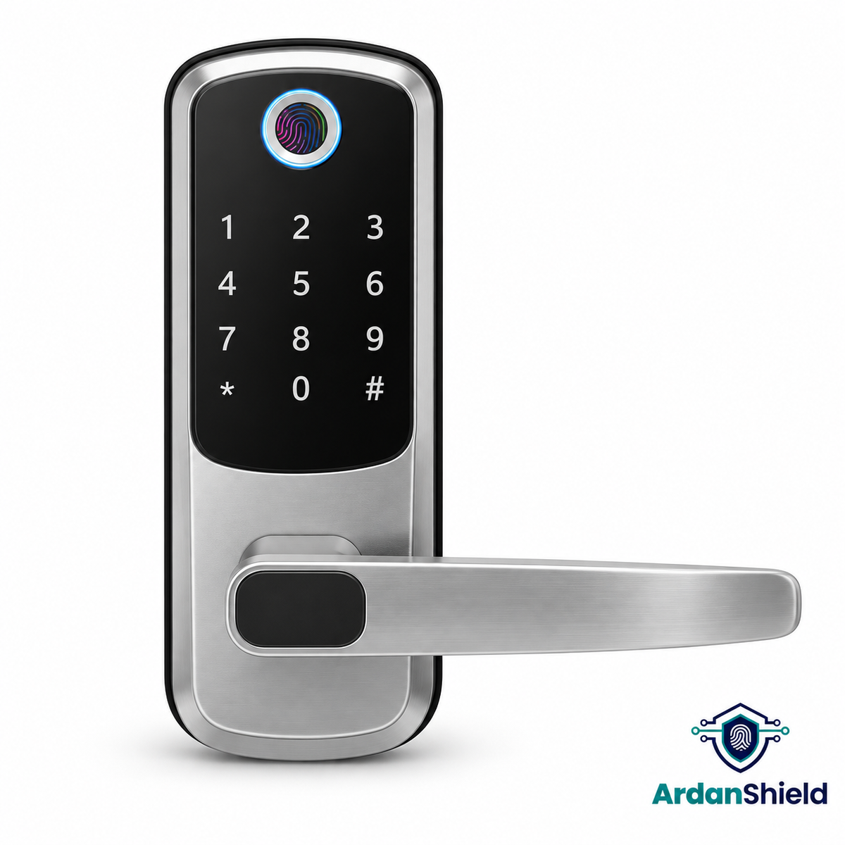 FortiLock silver smart lock, front view on white