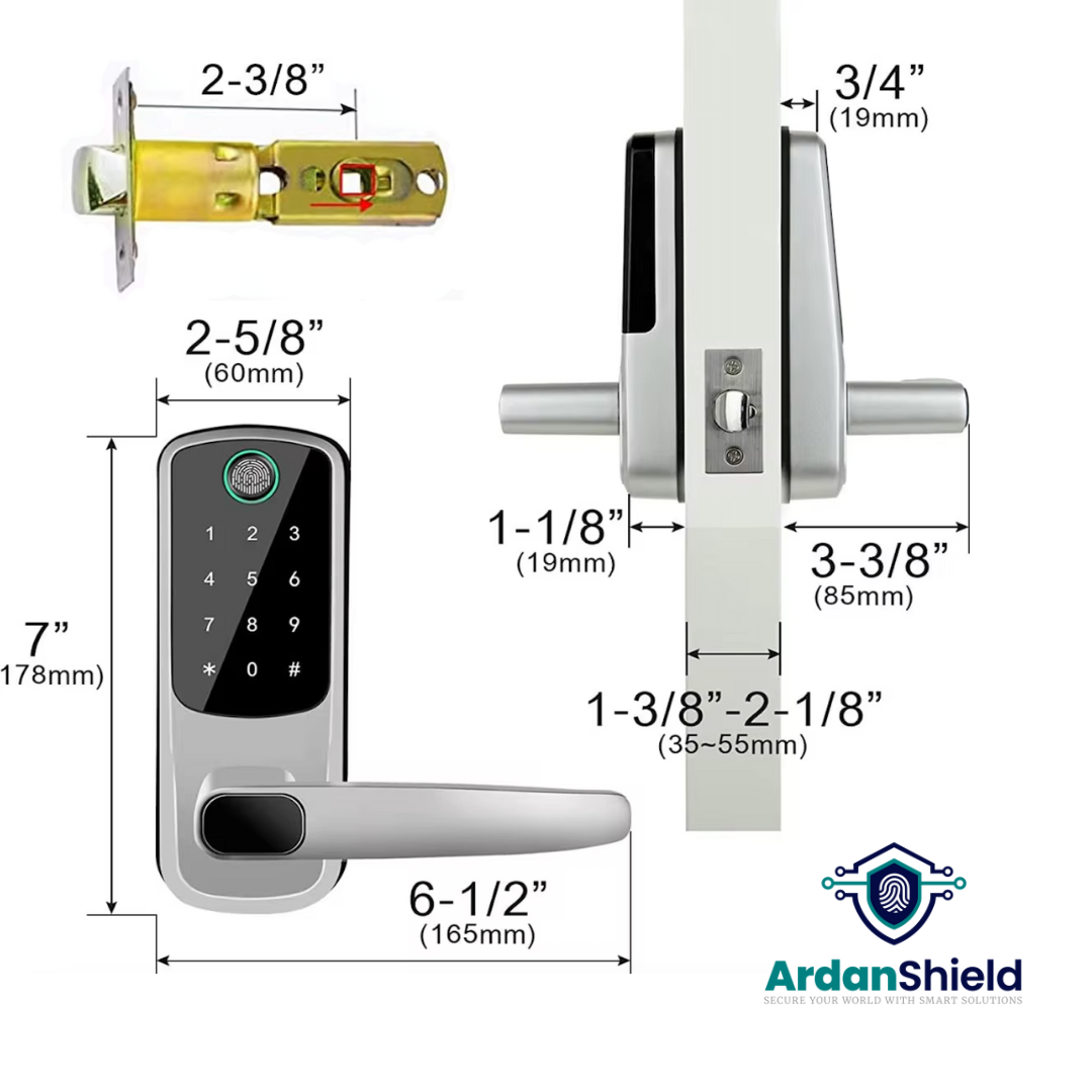 Dimension diagram of FortiLock Smart Lock – exterior and interior units measure 60mm wide by 178mm tall with 165mm handle. Fits doors 35–55mm thick with 68mm latch backset.