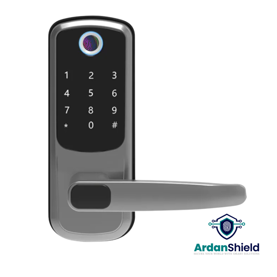 Front view of FortiLock WiFi Smart Lock – shows fingerprint sensor, digital keypad, and ArdanShield logo for UK home security