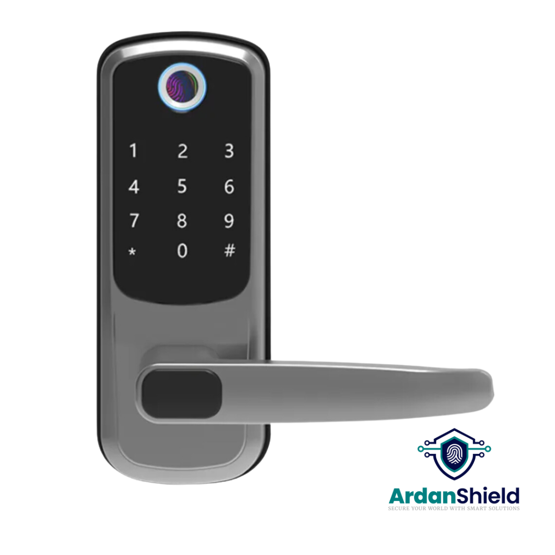 Front view of FortiLock, Digital smart lock, digital door lock, door lock, home security lock showing the digital keypad and fingerprint sensor with the ArdanShield Logo