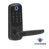 fortilock smart lock with an angled view in colour variation black showing digital keypad entry system and biometric fingerprint technology with ArdanShield Logo