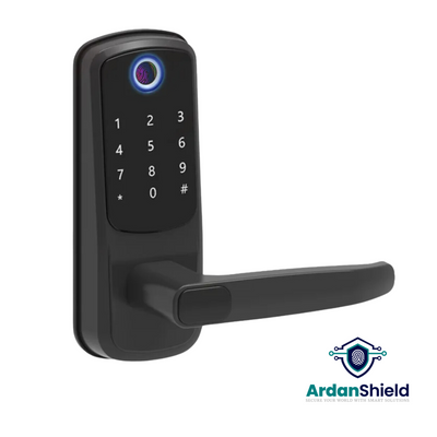 fortilock smart lock with an angled view in colour variation black showing digital keypad entry system and biometric fingerprint technology with ArdanShield Logo