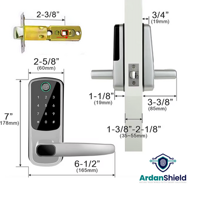 Measurements of door lock, the exterior and interior door lock measures 60mm wide, 178mm tall and the handle is 165mm to the widest point. the door depth should be between 35-55mm and the backset of the internal door latch is around 68mm