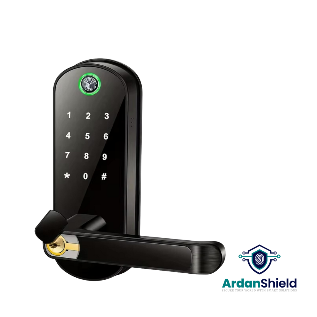 Angled view of FusionGuard Biometric Smart Lock in Black – shows fingerprint sensor, digital keypad, and manual key access point