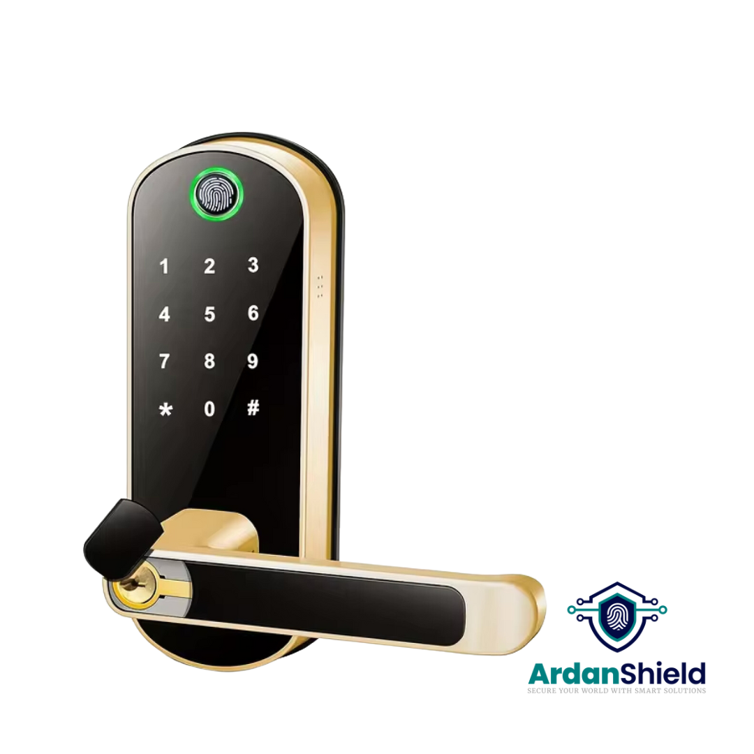 Angled view of FusionGuard Biometric Smart Lock in Gold – shows fingerprint sensor, digital keypad, and manual key access point