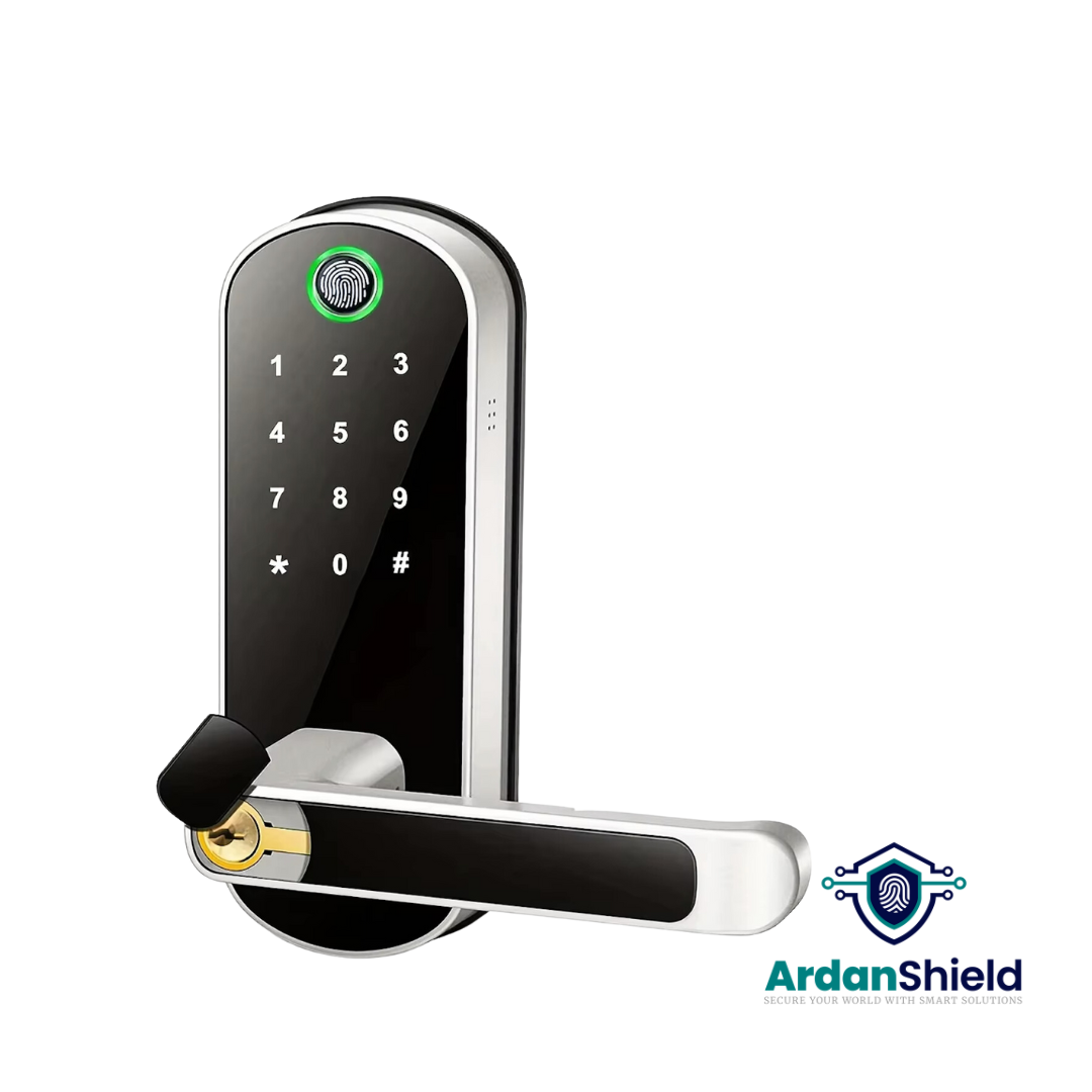 Angled view of FusionGuard Biometric Smart Lock in Silver – shows fingerprint sensor, digital keypad, and manual key access point