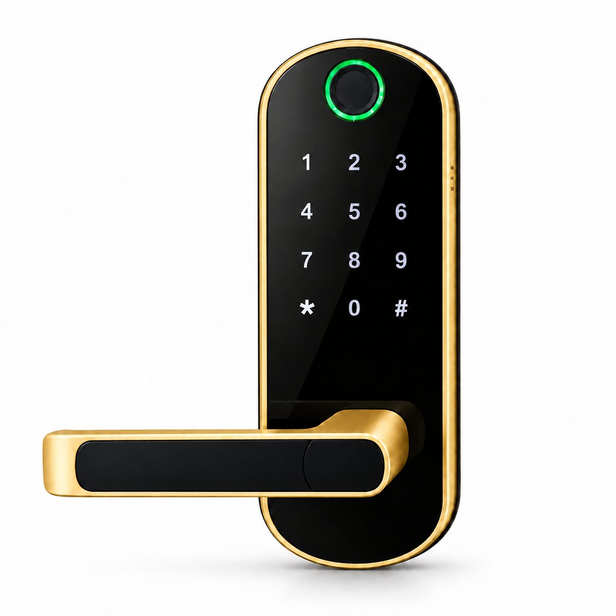 ArdanShield FusionGuard gold fingerprint smart door lock, product-only front view on white.
