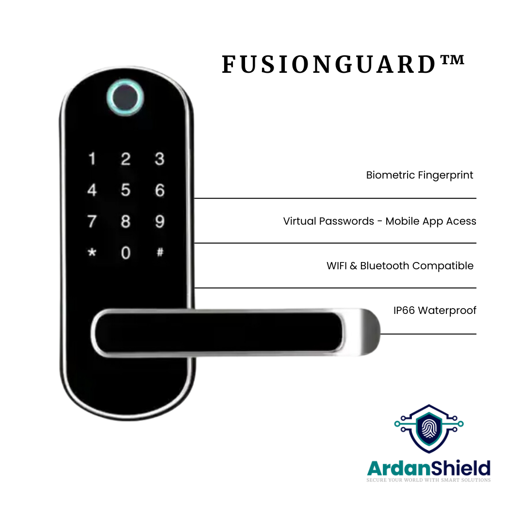 FusionGuard Smart Lock Feature Infographic – Shows Fingerprint Access, Virtual Passcodes, Mobile App Control, WiFi & Bluetooth Support, IP66 Waterproof Rating, and ArdanShield Branding