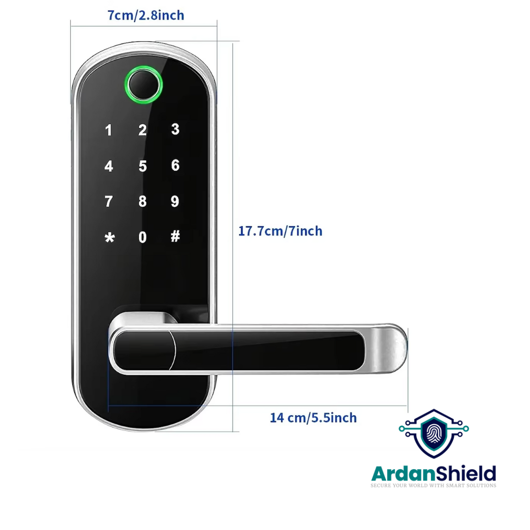 Front view of FusionGuard WiFi Smart Lock with dimensions – width 70mm, height 177mm, handle length 140mm, includes ArdanShield logo