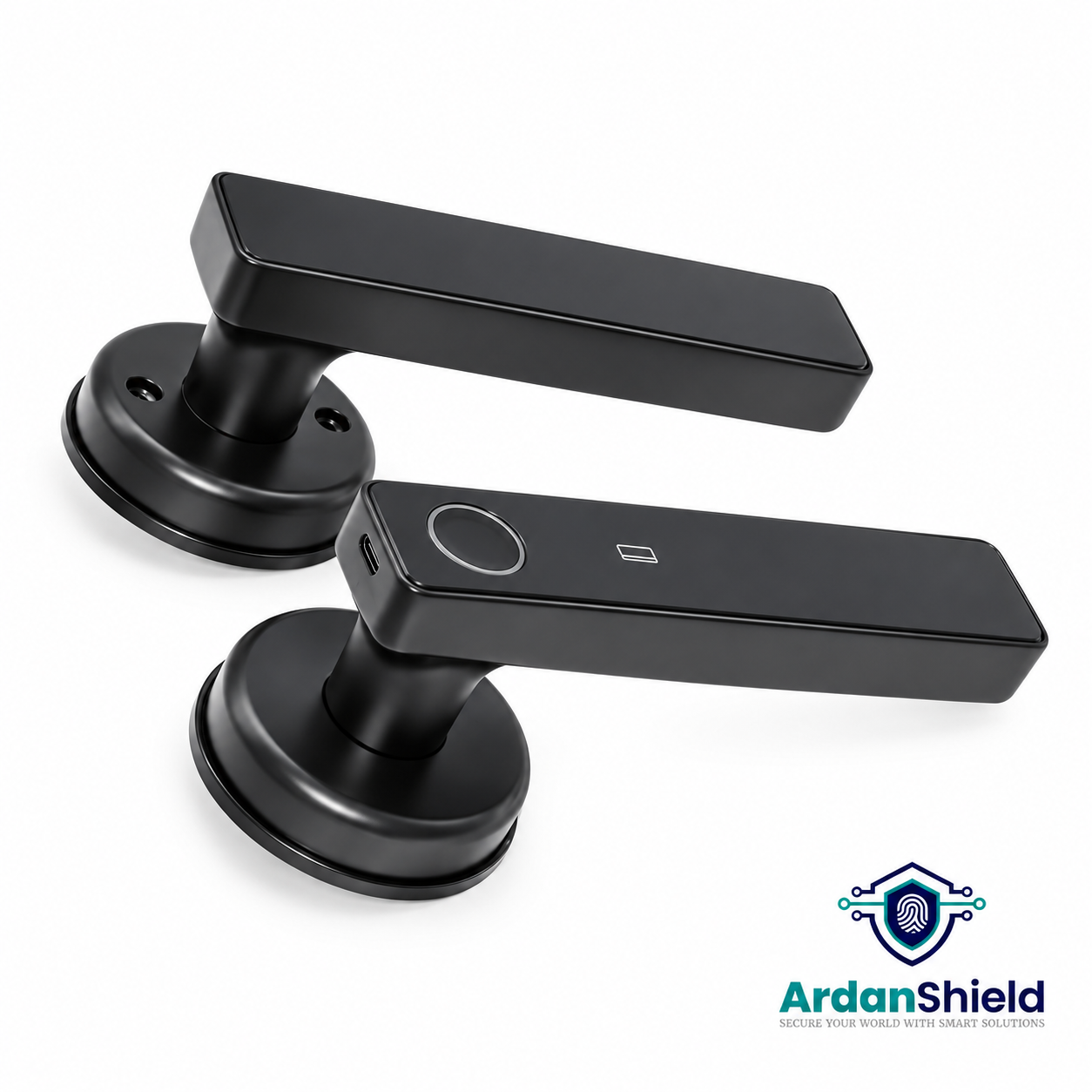 ArdanShield RoomVault black smart door lock, angled view of exterior and interior handles.