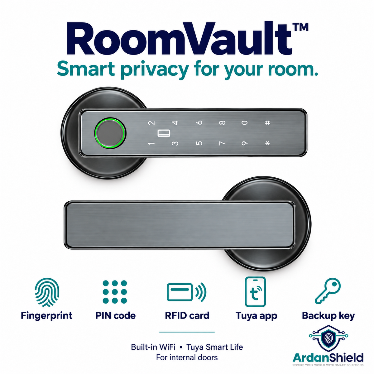 RoomVault access guide showing fingerprint, PIN, RFID card, Tuya app and backup key options.