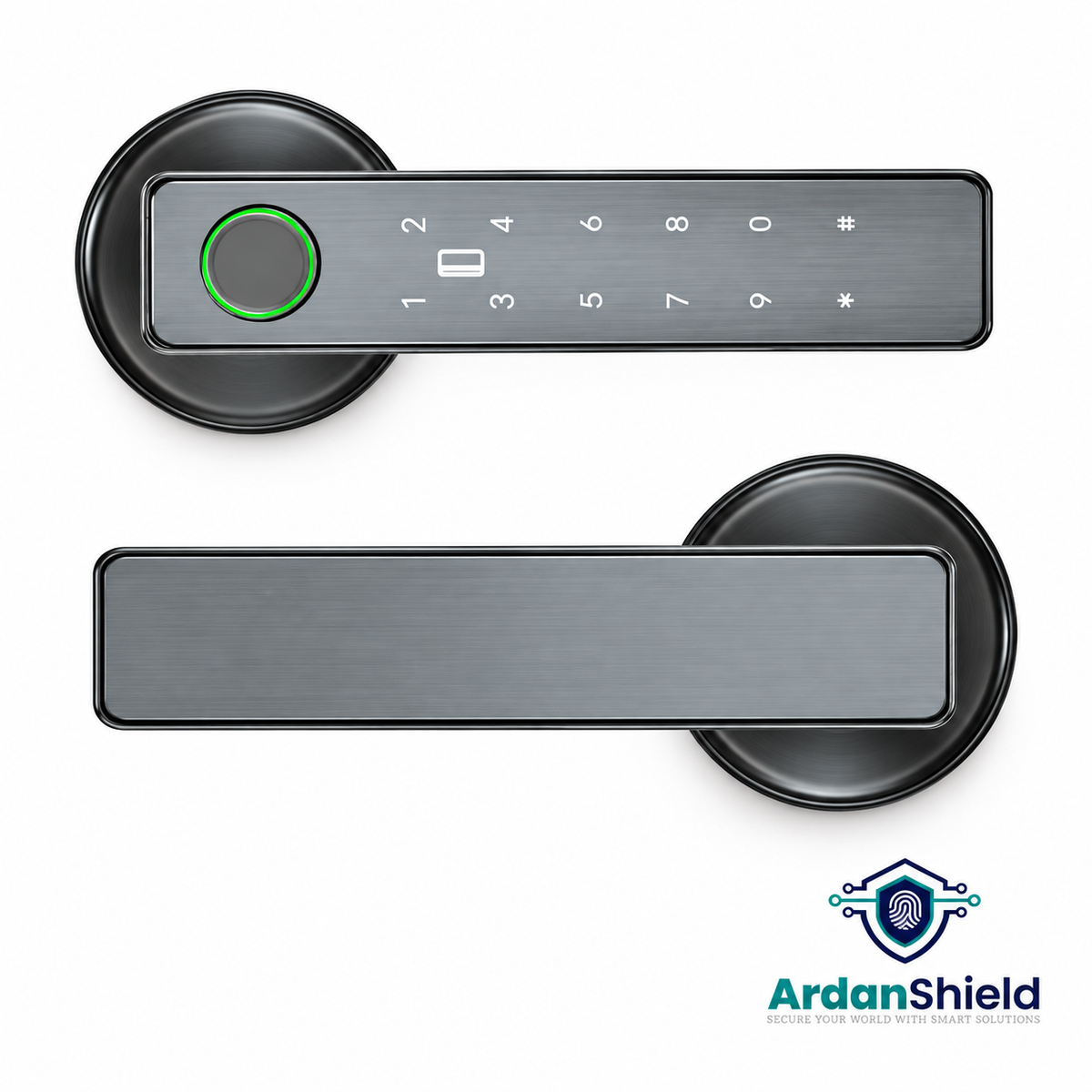 ArdanShield RoomVault grey smart door handle set with fingerprint reader and PIN keypad.