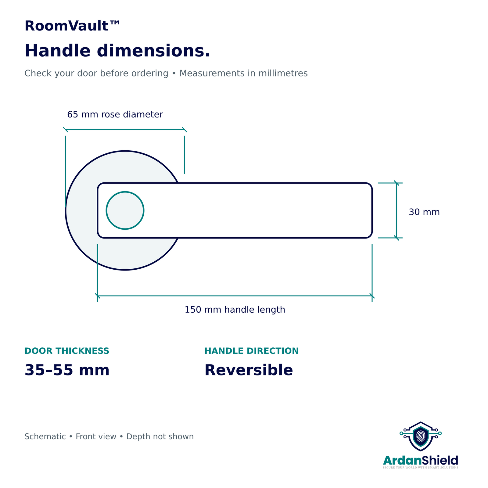 RoomVault handle dimensions: 150 mm handle, 65 mm rose and 35–55 mm door thickness.