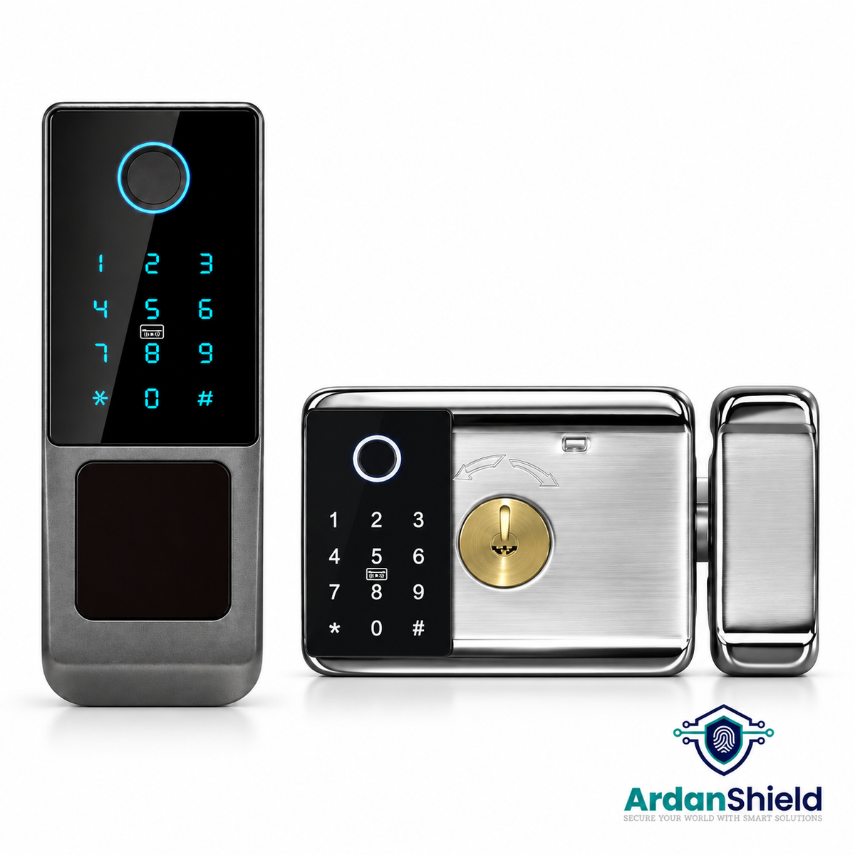 ArdanShield SecureWave smart lock with digital interior keypad, fingerprint reader, key cylinder and keeper
