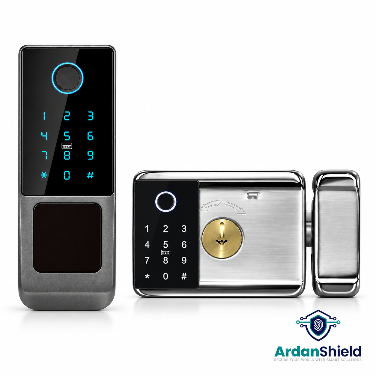 ArdanShield SecureWave exterior smart lock with fingerprint reader, PIN keypad and covered keyhole on white
