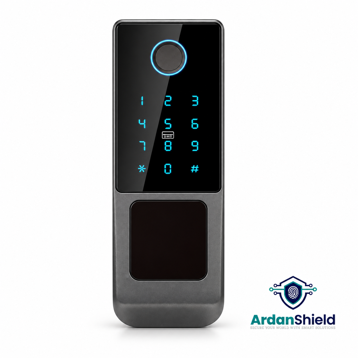 ArdanShield SecureWave exterior smart lock with fingerprint reader, PIN keypad and covered keyhole on white