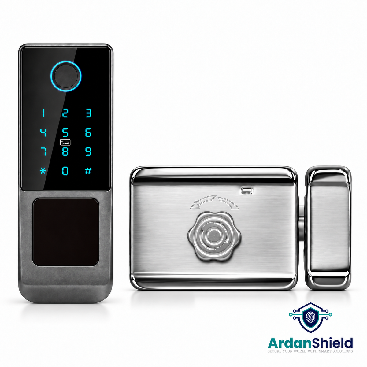 ArdanShield SecureWave smart lock with manual interior thumbturn and matching keeper
