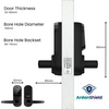 SentinelX Home Security Smart Lock showing dimensions and fitment parameters. Dimensions 180mm x 62mm and fitment details door thickness 33-50mm, bore hole diameter 54mm and bore hole backset 60-70mm