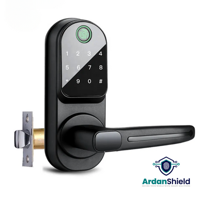 SentinelX Smart Lock with Single Latch Lock on show, view of lock is front face in black colour variation with digital keypad and biometric fingerprint security on display