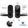 SentinelX Home Security Smart Lock showing front and rear view of lock woth features detailed, including battery box, fingerprint, password, rfid card, manual key and usb features also the dimensions 180mm x 62mm