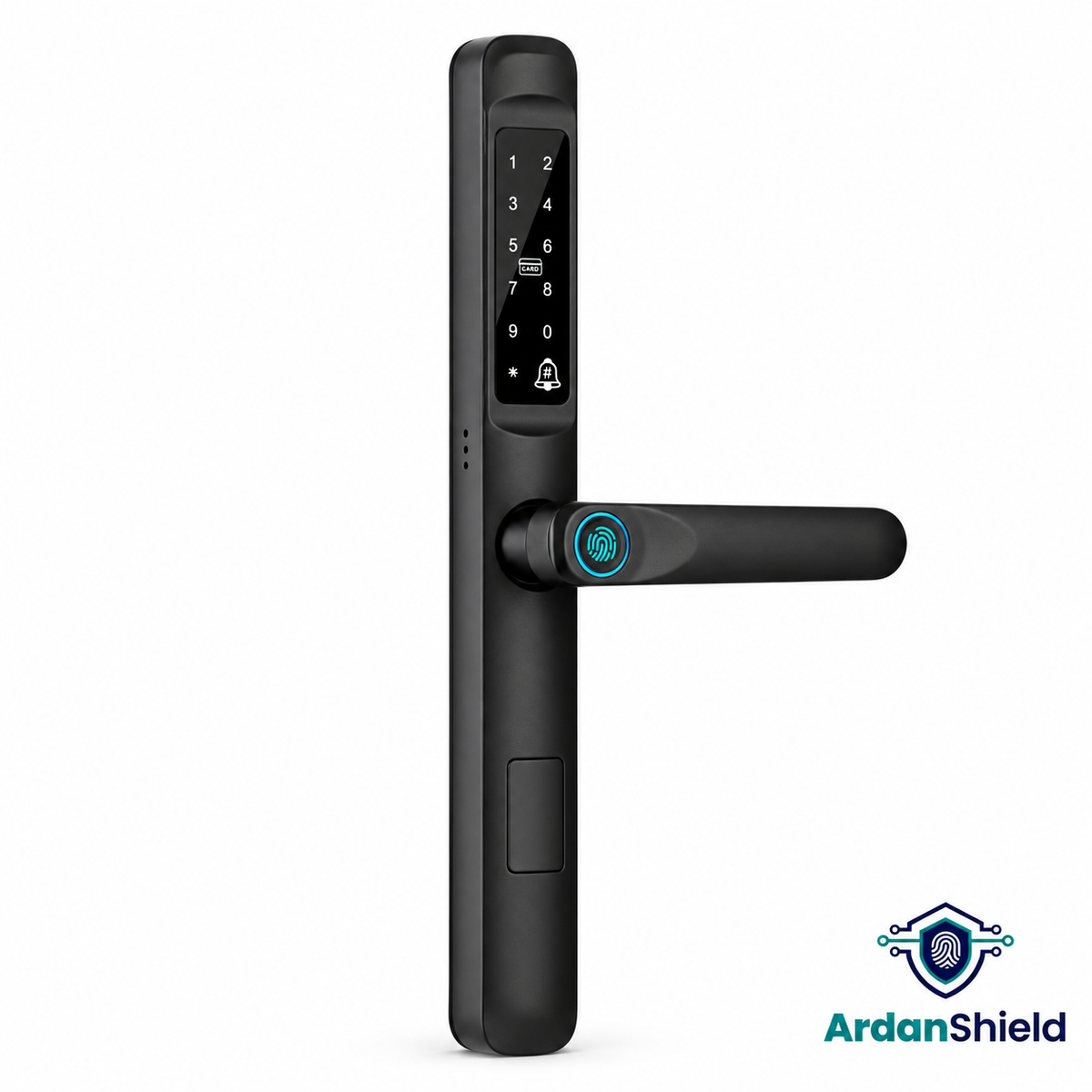 ArdanShield SwiftLock black smart door handle with PIN keypad and fingerprint reader.