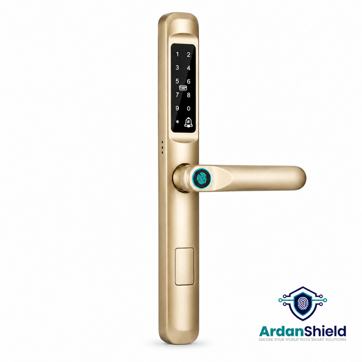 ArdanShield SwiftLock gold smart door handle with PIN keypad and fingerprint reader.