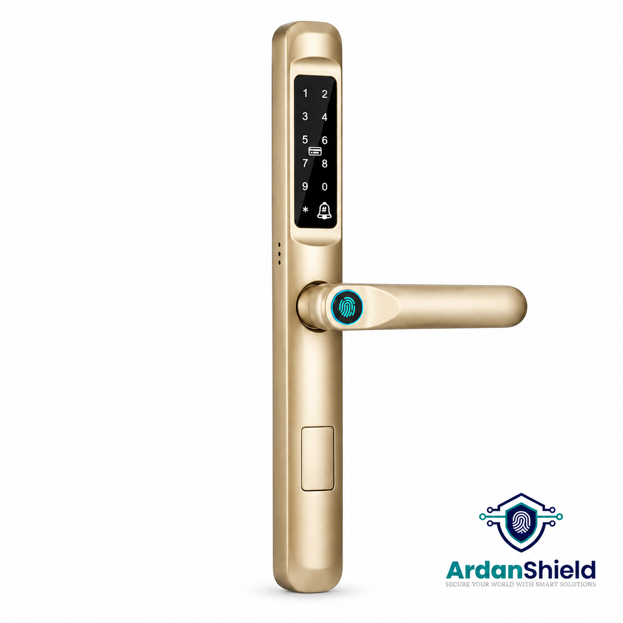 ArdanShield SwiftLock gold smart door handle with PIN keypad and fingerprint reader.