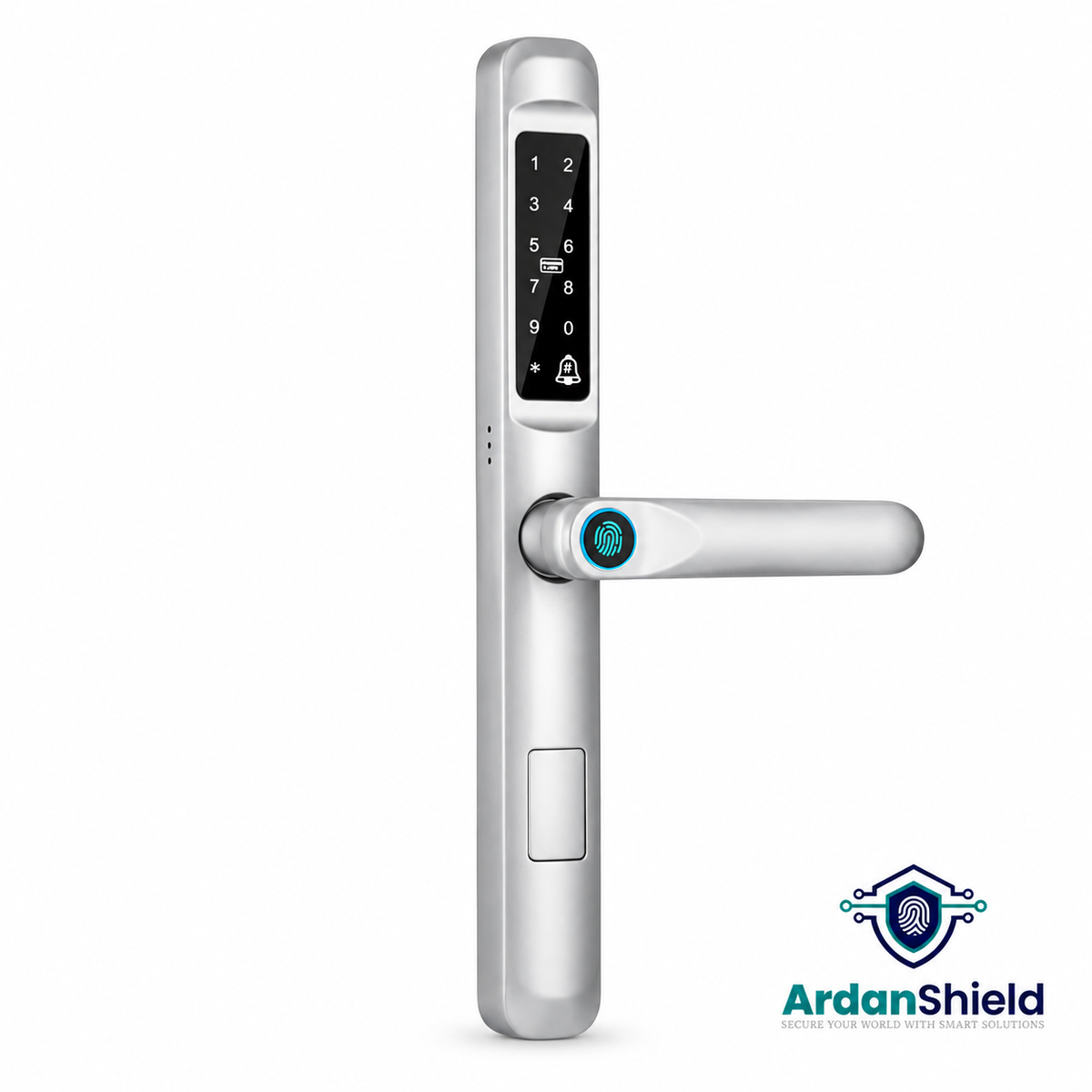 ArdanShield SwiftLock silver smart door handle with PIN keypad and fingerprint reader.