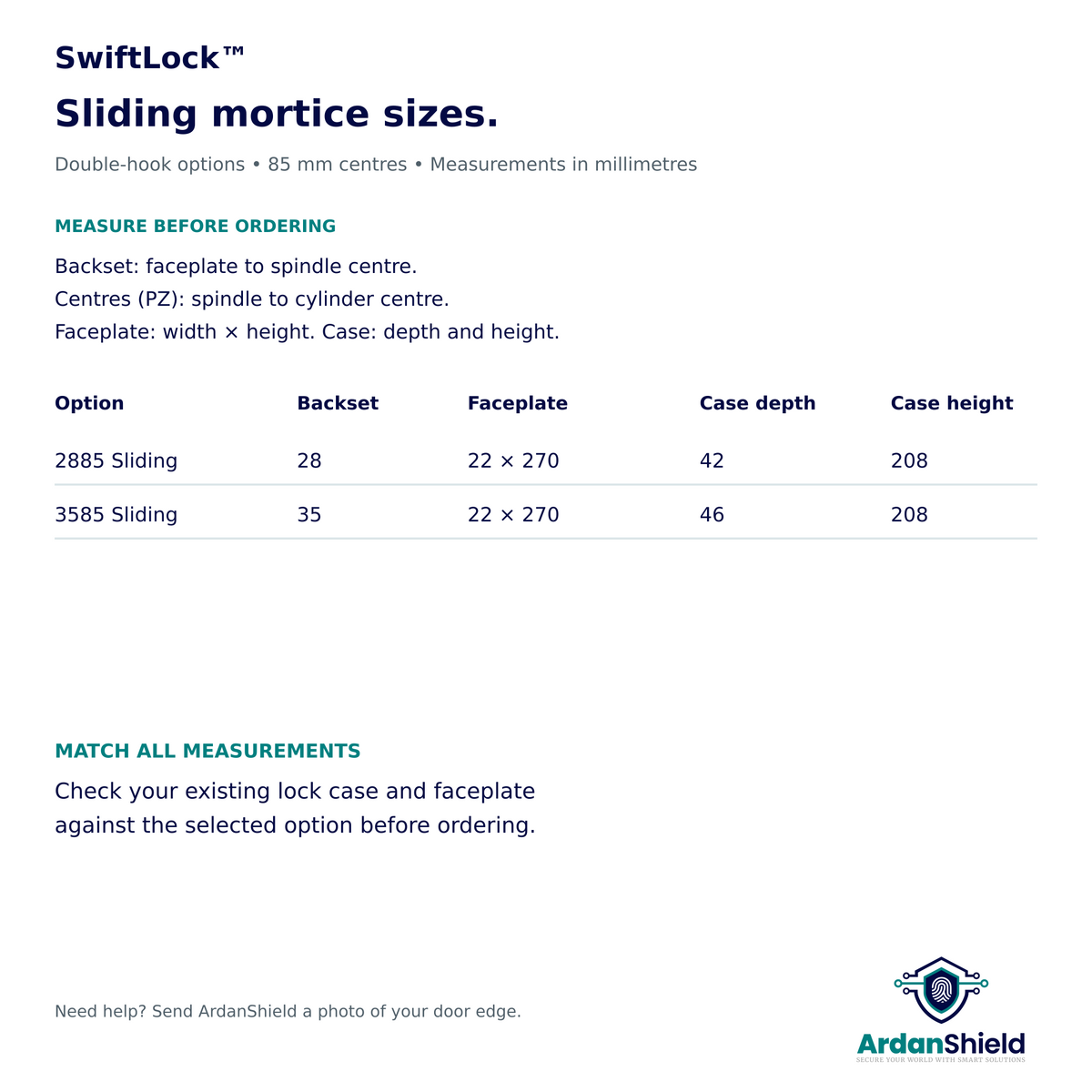 SwiftLock sliding-door mortice size chart for 2885 and 3585 double-hook locks with 85 mm centres.