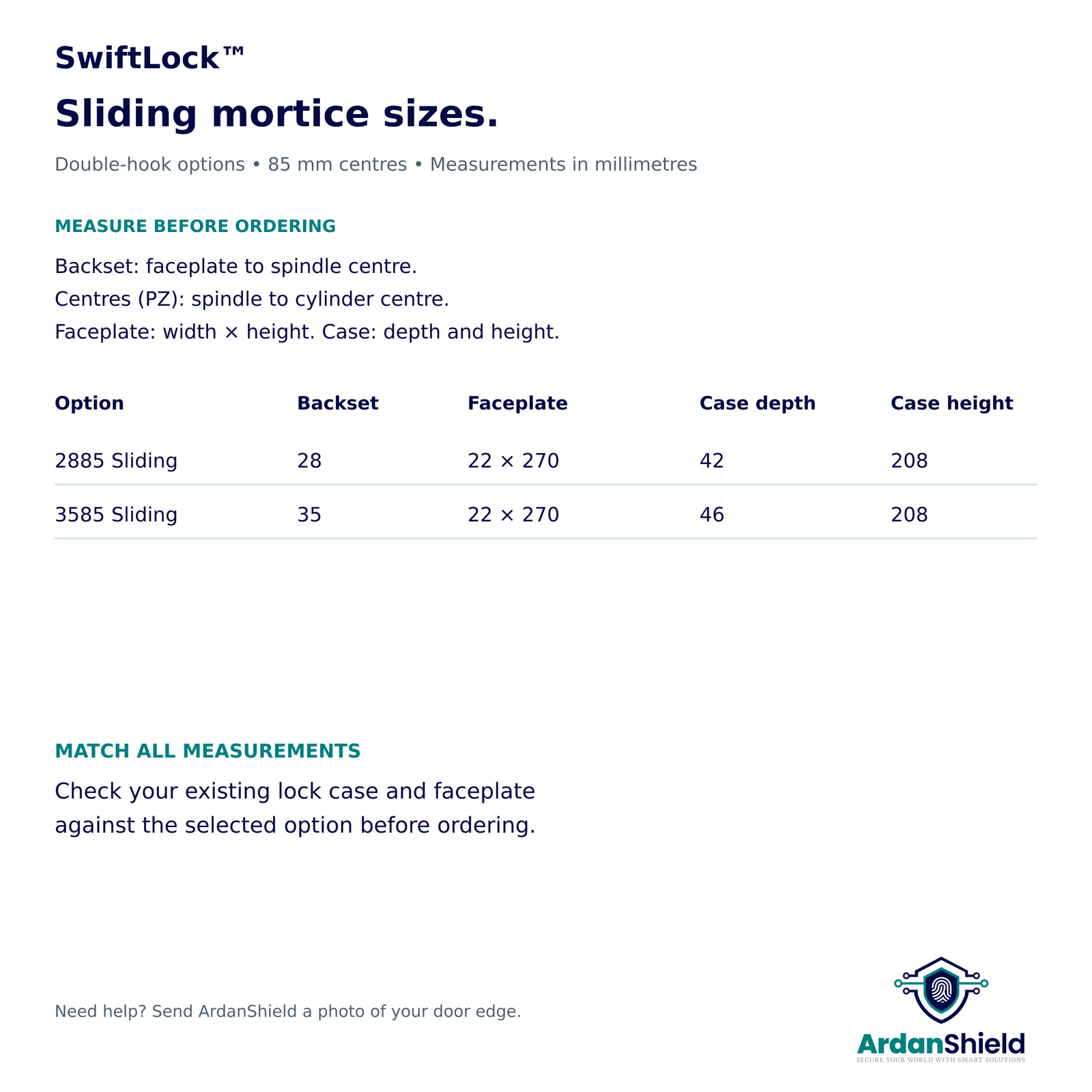 SwiftLock sliding-door mortice size chart for 2885 and 3585 double-hook locks with 85 mm centres.