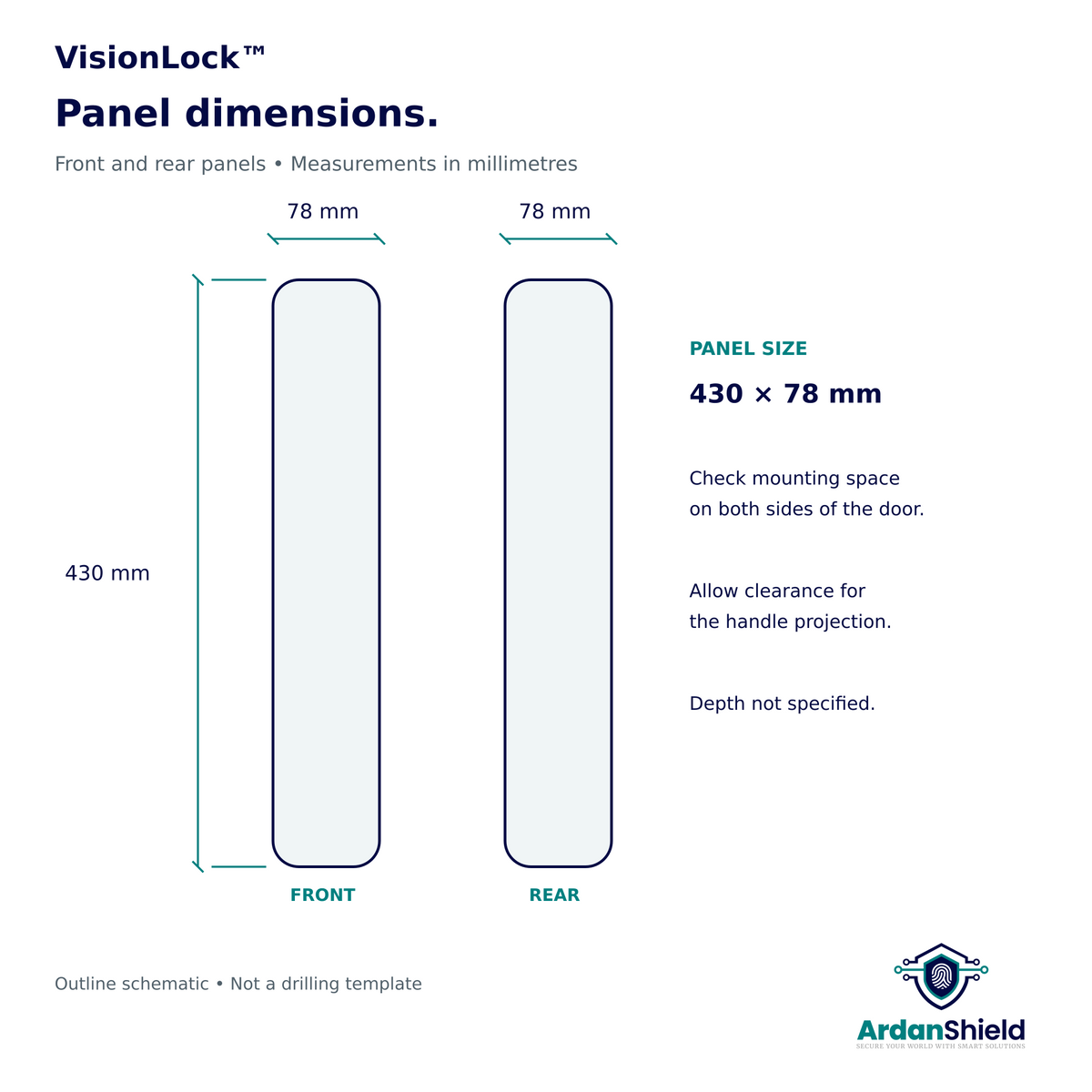 VisionLock front and rear panel dimension guide showing 430 mm height and 78 mm width.