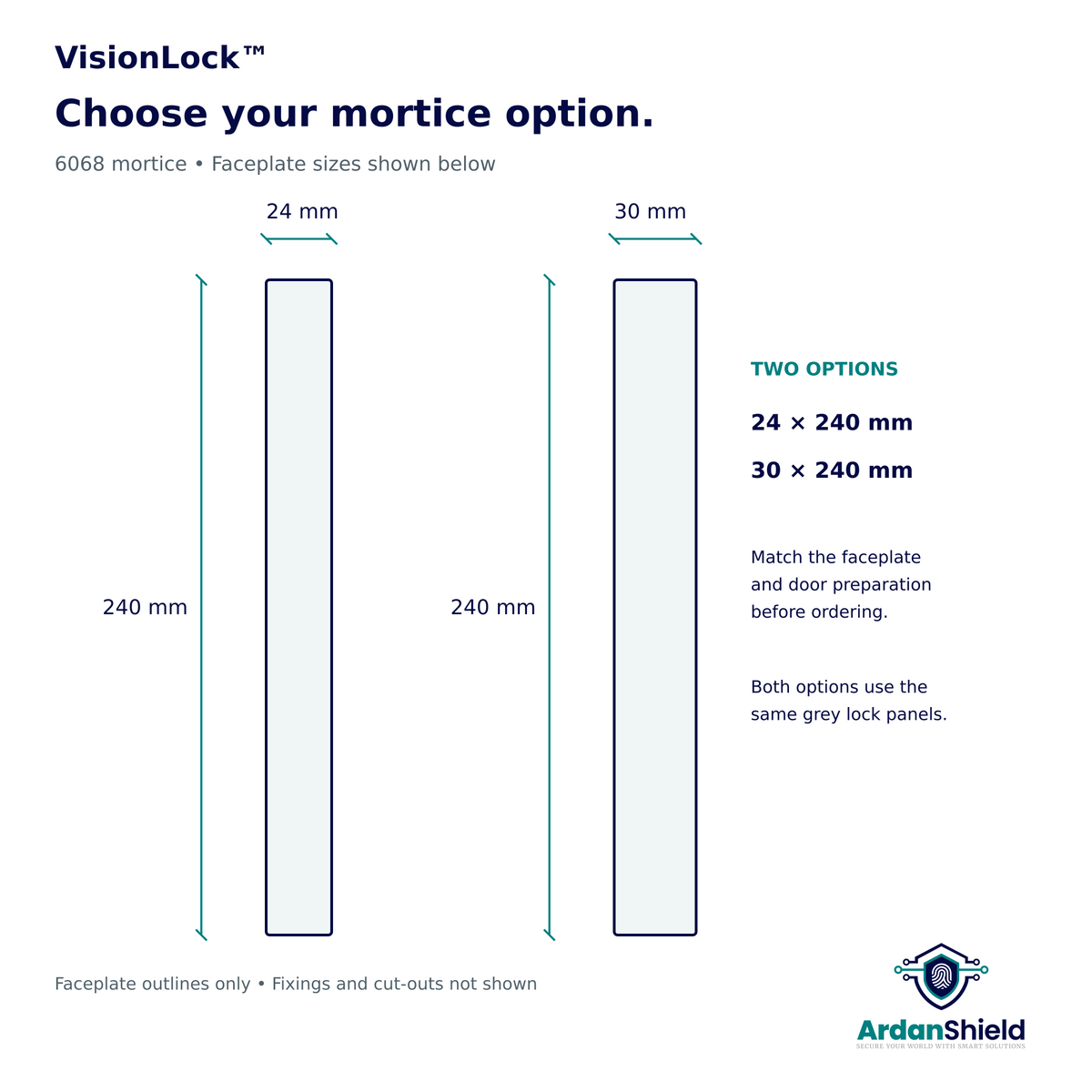 VisionLock 6068 mortice faceplate options: 24 x 240 mm and 30 x 240 mm.